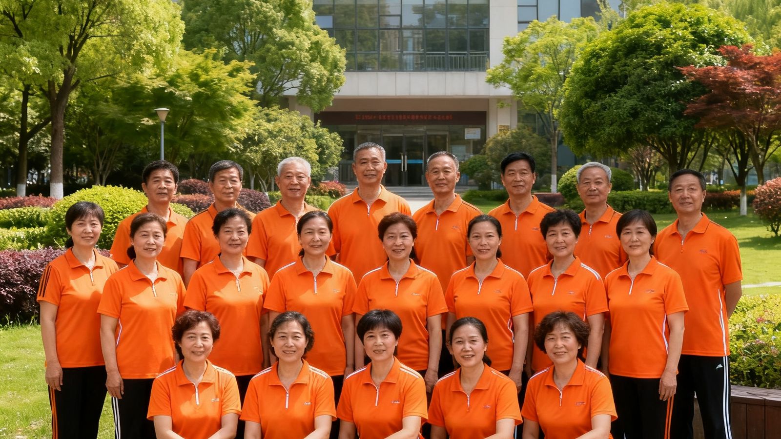 熊猫体育全体社会体育指导员在社区活动中心前合影，大家身穿统一橙色运动服，背景是绿树成荫的社区公园