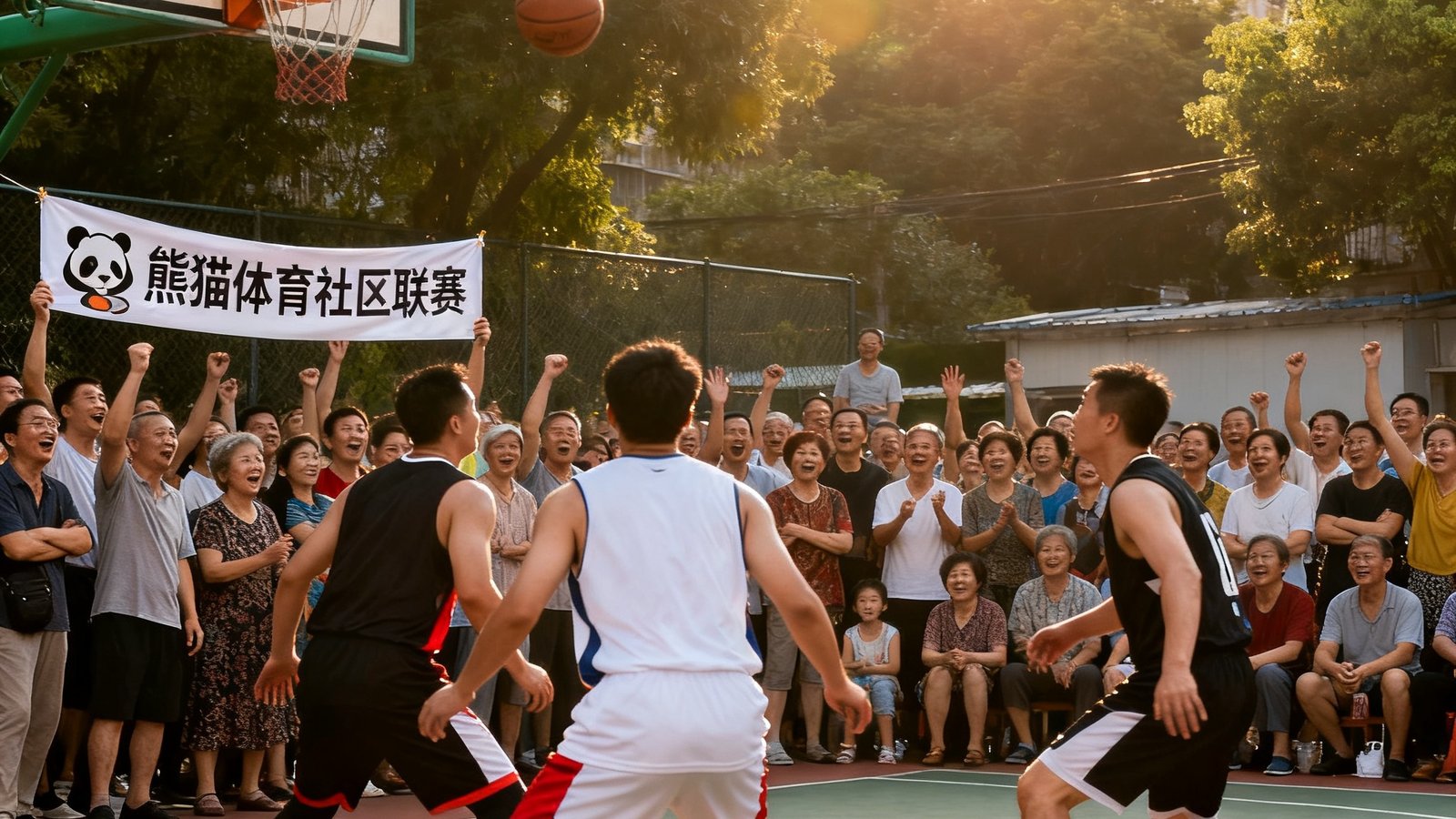 社区篮球赛决赛现场，两支邻里队伍激烈对抗，场边围满了欢呼助威的居民，横幅上写着熊猫体育社区联赛