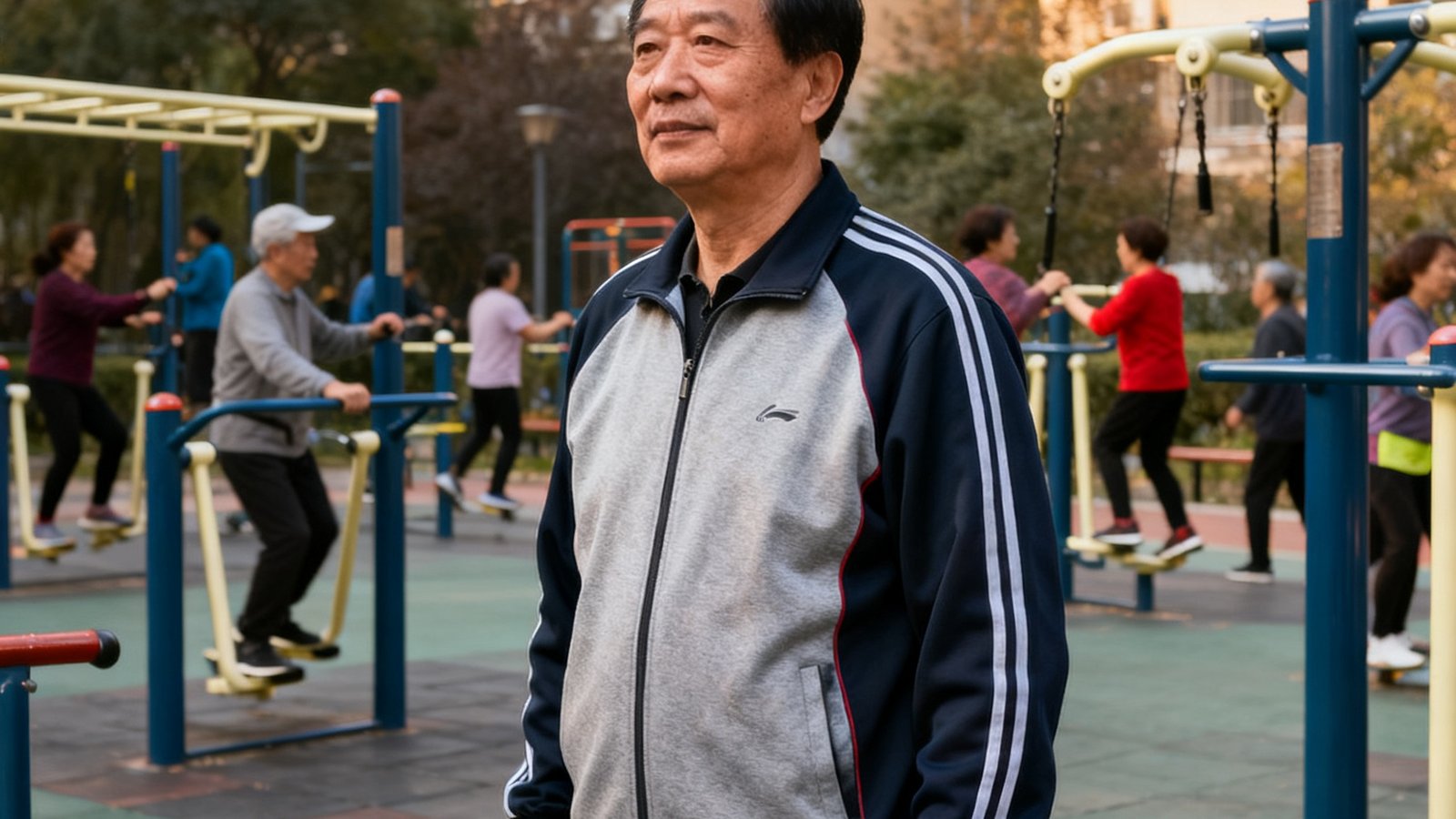 一级社会体育指导员王建华，53岁，身穿专业运动服站在社区健身广场上，背景是居民正在使用各种健身器材