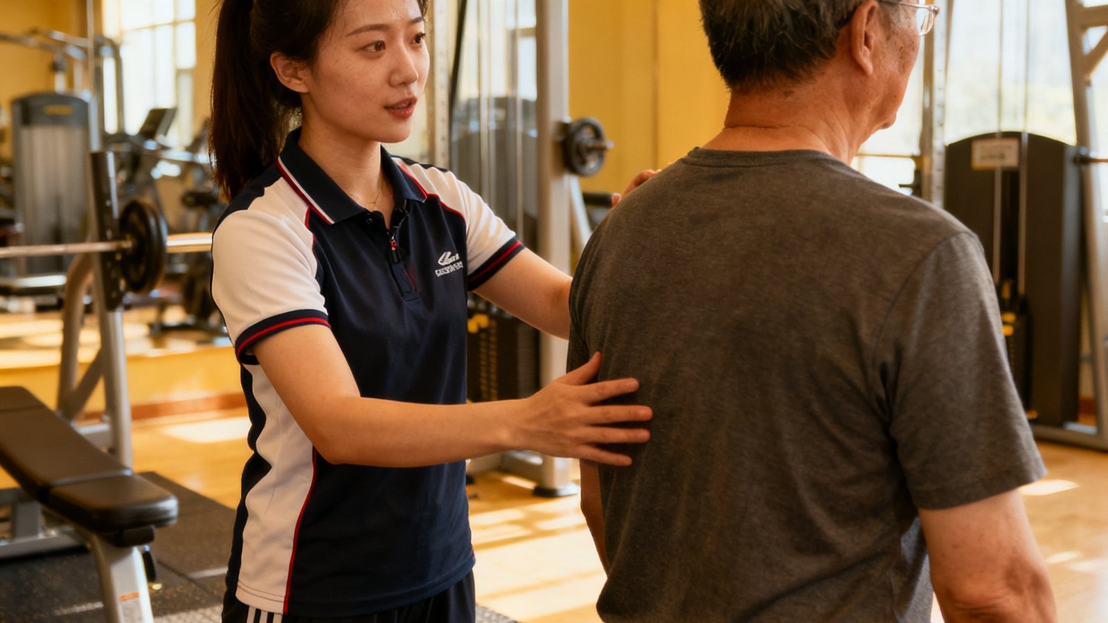 二级社会体育指导员刘思雨，35岁，曾在省体校任教，正在为一位中年居民进行体态评估和运动规划